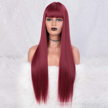 Vigorous High Quality Supplier Long Burgundy Silky Straight Wave With Neat Bangs Cosplay For Black Women Synthetic Hair Wigs